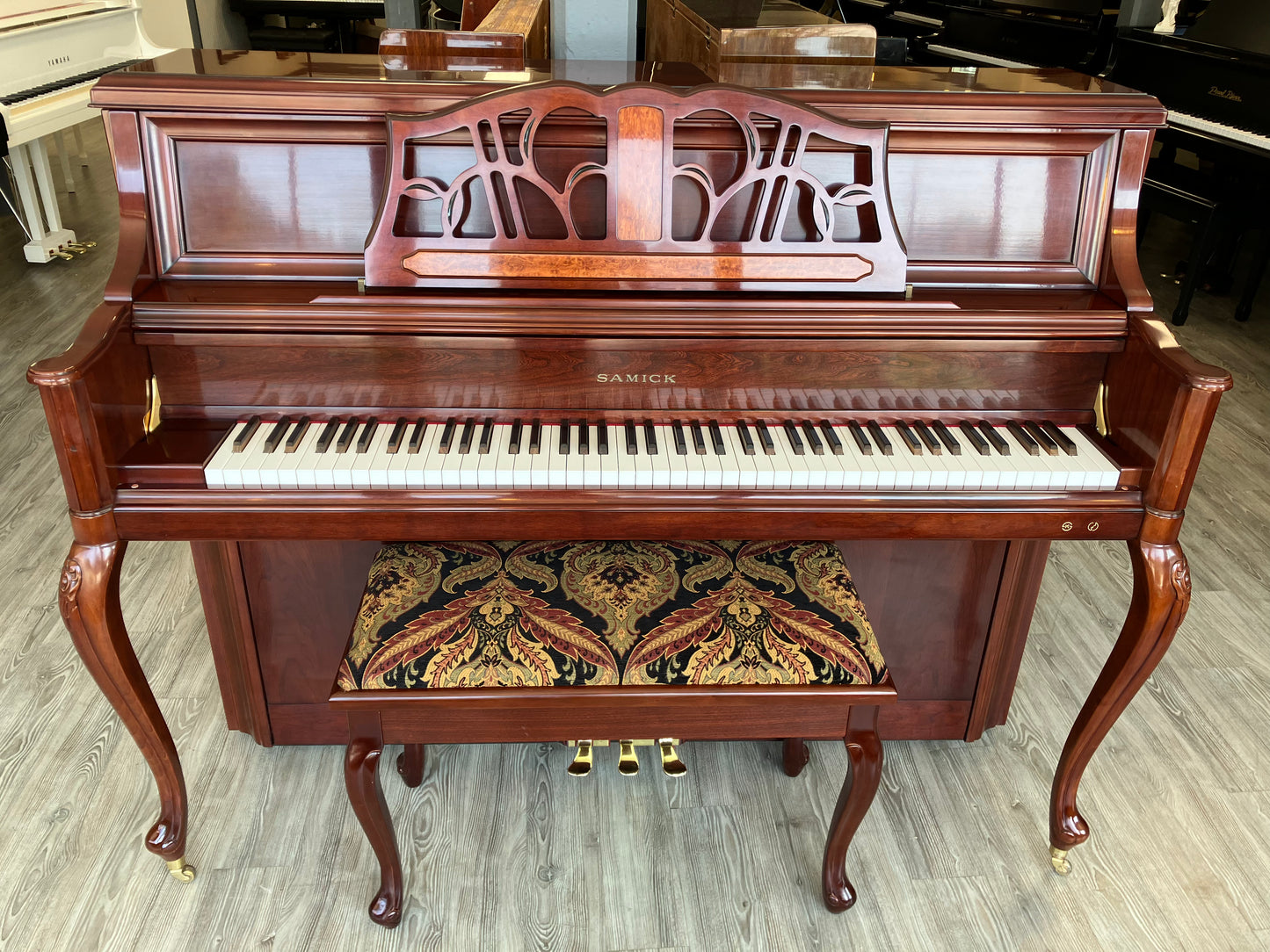 Samick 46" Decorator Studio Piano (Satin Cherry with inlayed burled wood)