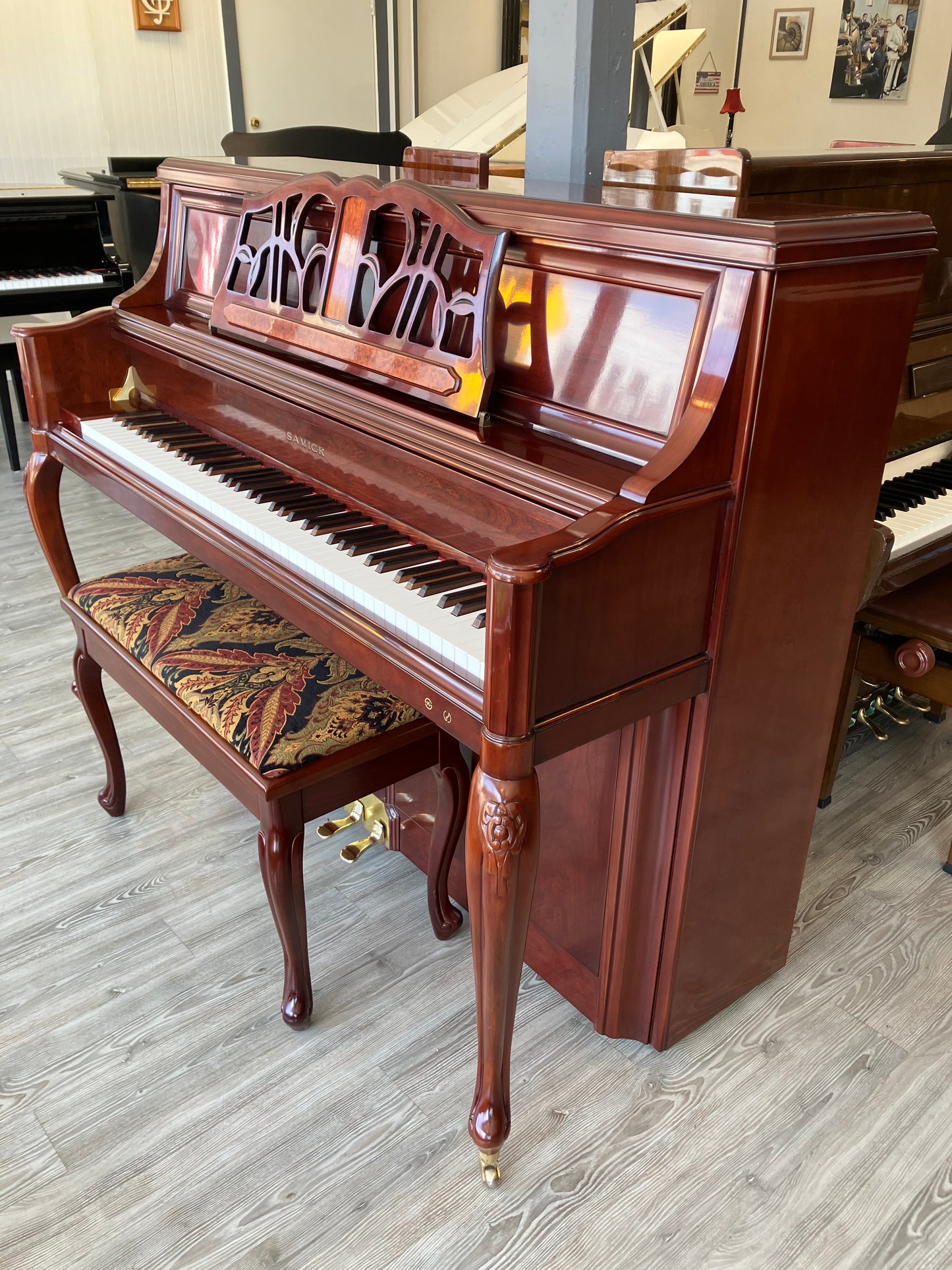 Samick 46" Decorator Studio Piano (Satin Cherry with inlayed burled wood)