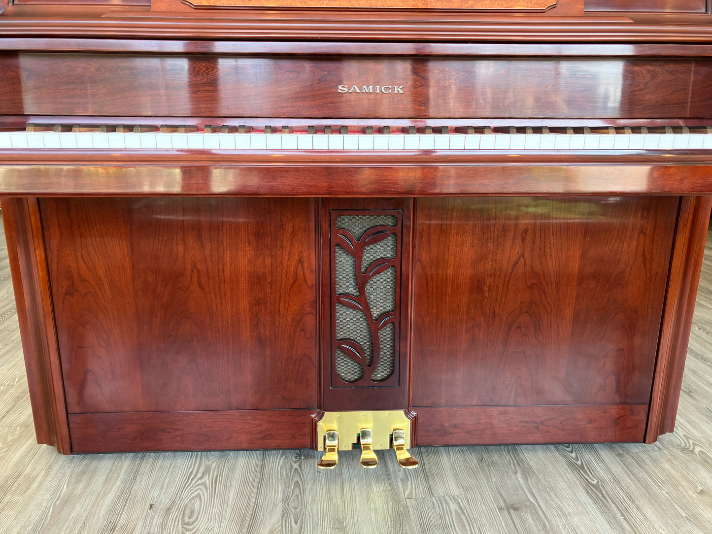 Samick 46" Decorator Studio Piano (Satin Cherry with inlayed burled wood)