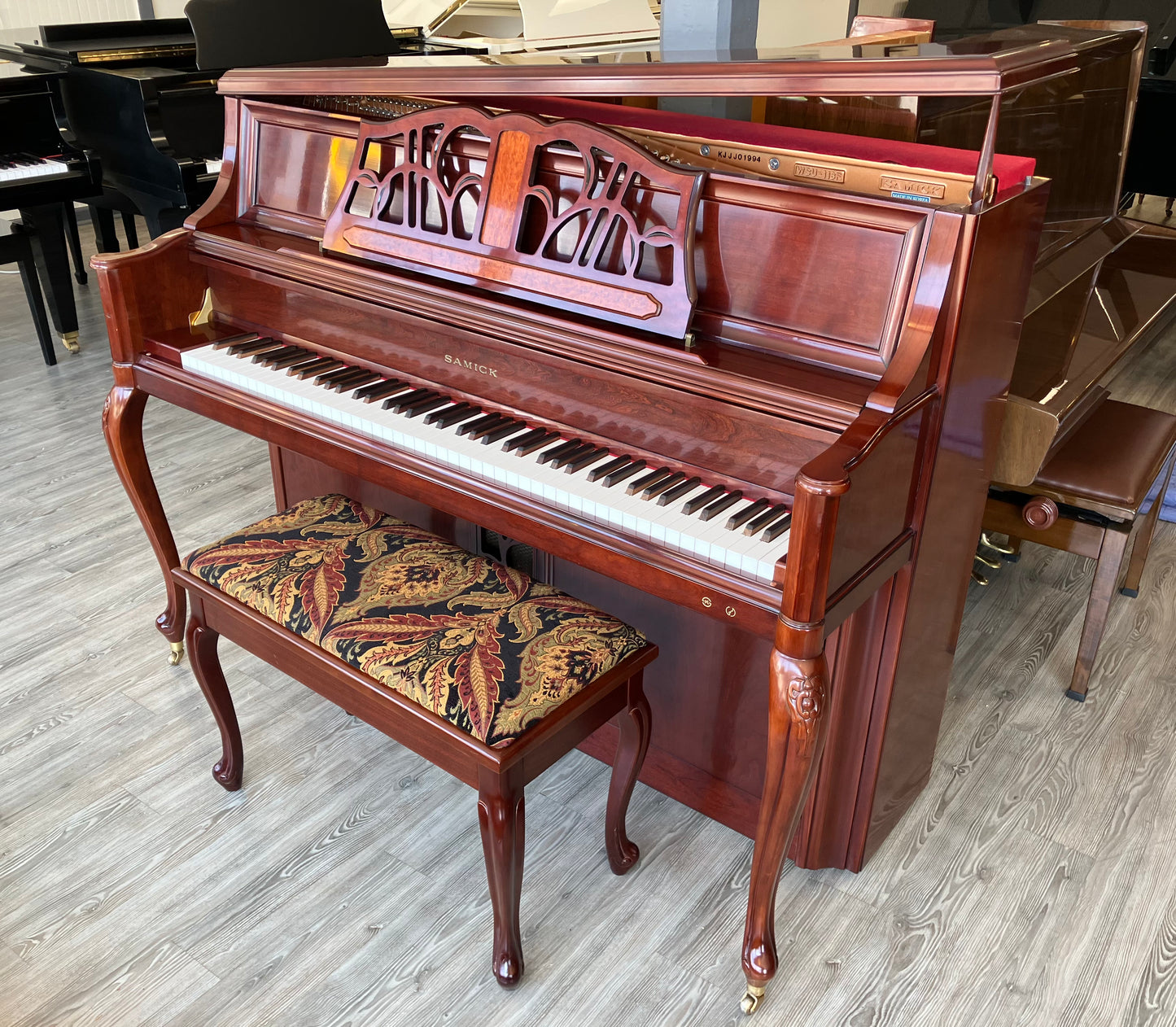 Samick 46" Decorator Studio Piano (Satin Cherry with inlayed burled wood)